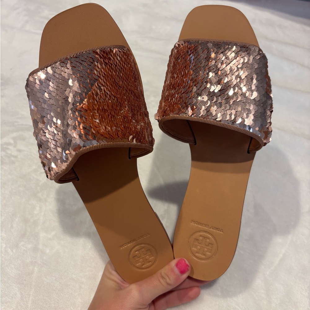 Tory Burch Copper Sequin Slide Sandals